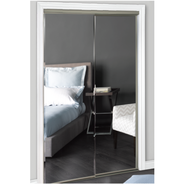 Frameless Beveled Mirrored Sliding Bypass Closet Door w/ Satin Nickel Hardware