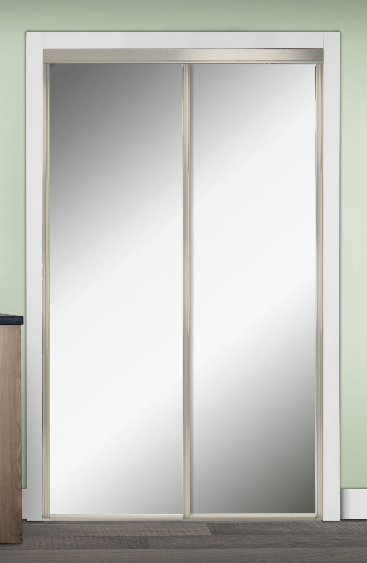 Smooth Flush Brushed Nickel Trim Mirrored Sliding Bypass Closet
