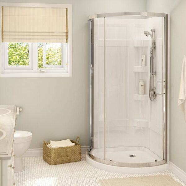 Cyrene 34 x 34 Acrylic Center Drain Shower Kit in White with Clear glass in Chrome