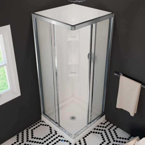 32 Mediterranean III 32 x 32 Polystyrene Center Drain Shower Kit in White with Mistelite glass in Chrome