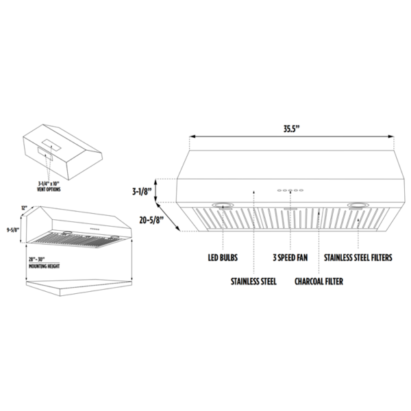 36" Ducted Under Cabinet 420 CFM Stainless Steel Range Hood