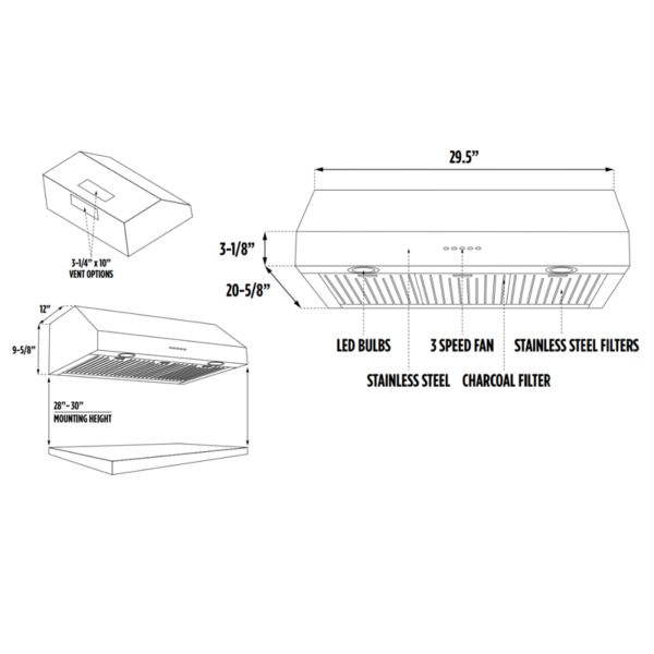 30" Ducted Under Cabinet 420 CFM Stainless Steel Range Hood