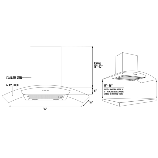 36" Stainless Steel Arched Glass Wall Mount Range Hood