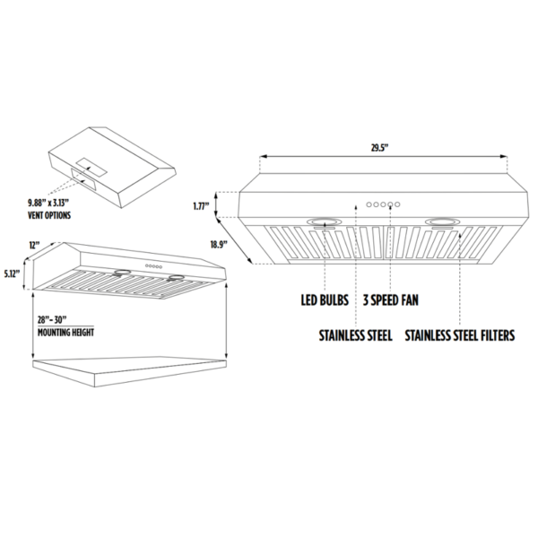 30" Ultra Thin Ducted Under Cabinet 250 CFM Stainless Steel Range Hood