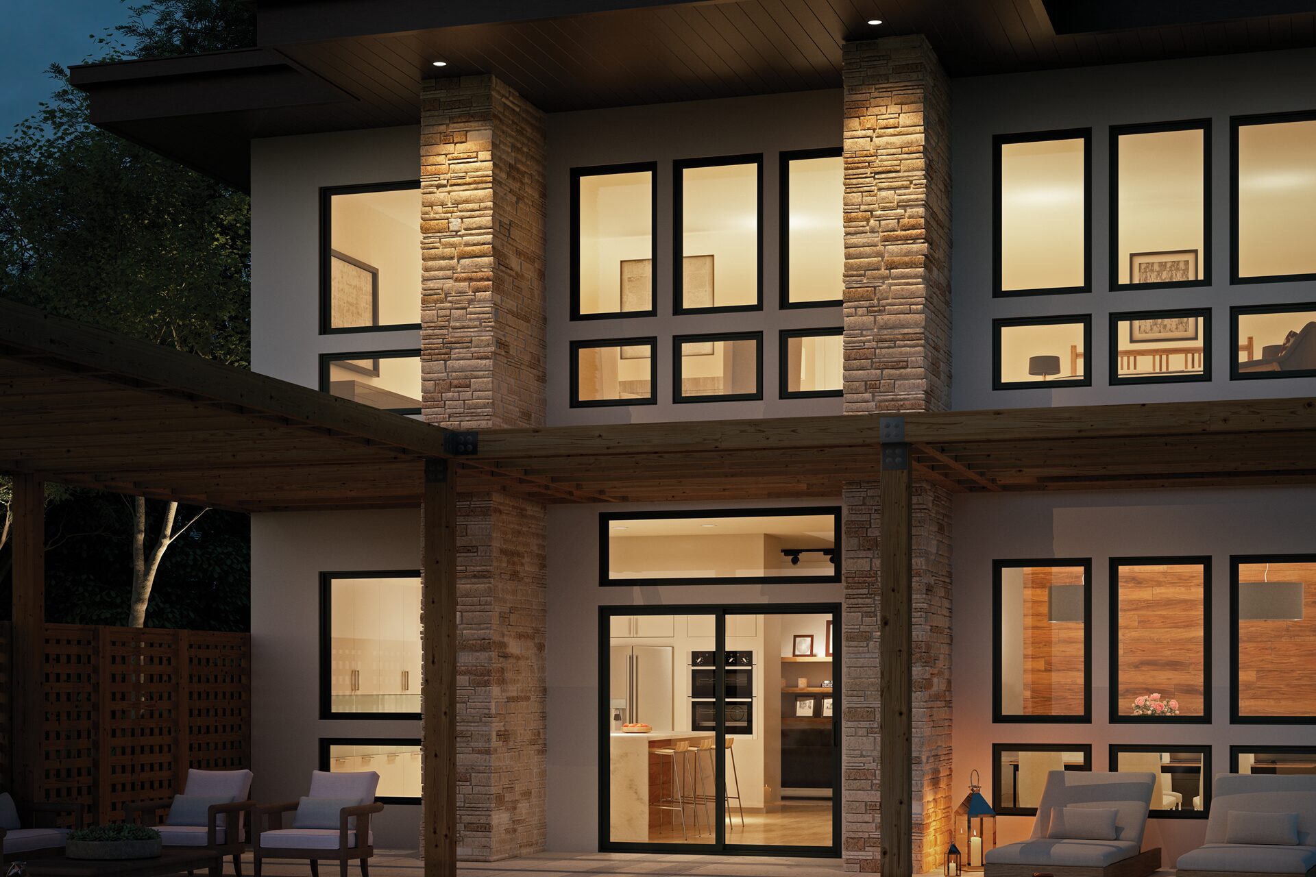 milgard windows on a home at night.