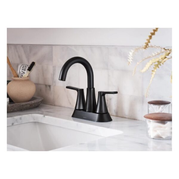Mikah Matte black two-handle high arc bathroom faucet lifestyle