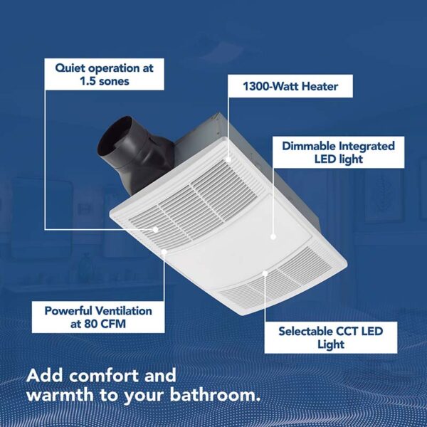 Broan PowerHeat 80 CFM 1.5 Sone Heater Exhaust Fan With Color Adjustable LED Light