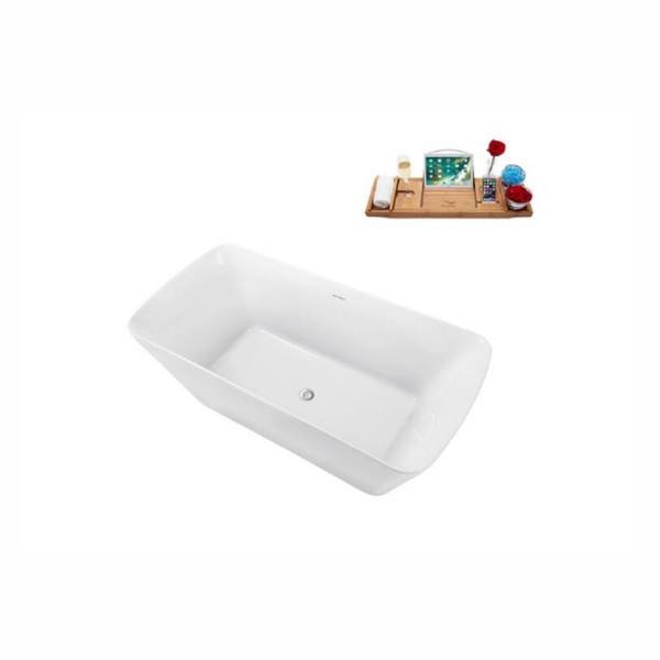 59 in. Acrylic Flatbottom Non-Whirlpool Bathtub in Glossy White with Polished Chrome Drain and Tray